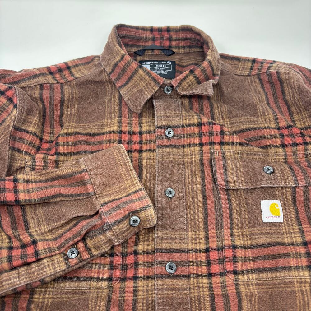 Carhartt Large Tall Brown Red Plaid Button Up Long Sleeve Thick Flannel Shirt